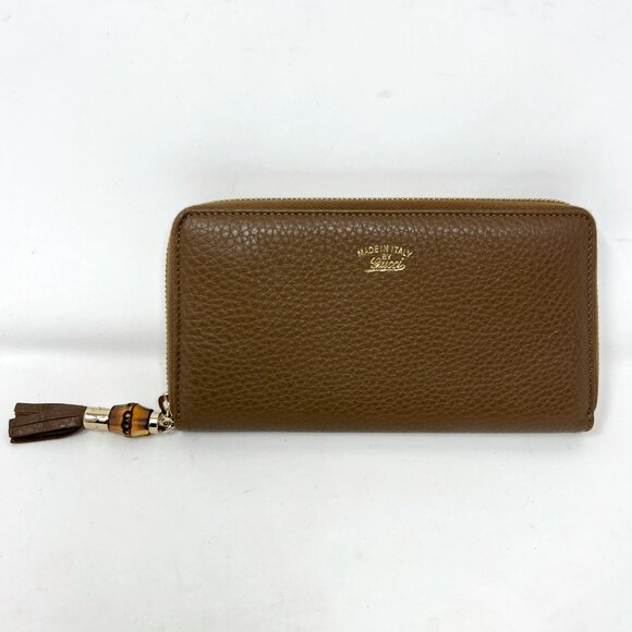 Gucci Bamboo Tassel Zip Continental Wallet Brown Textured Leather Italy - Picture 1 of 7
